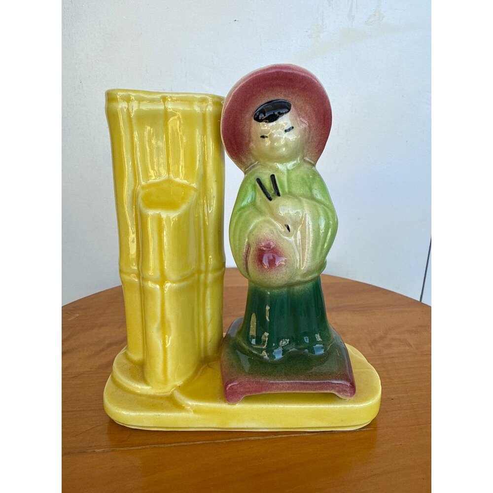 Vintage USA 702 Ceramic Figurine Planter With Yellow Bamboo Design & Farmer In H